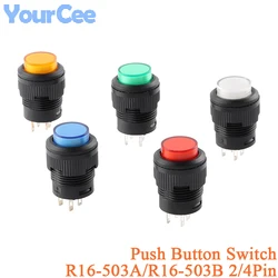 5Pcs R16-503 Power Switch R16 Push Button Switch R16-503B R16-503A LED Latching Reset Button 2P 4P Momentary Self-lock No Lock