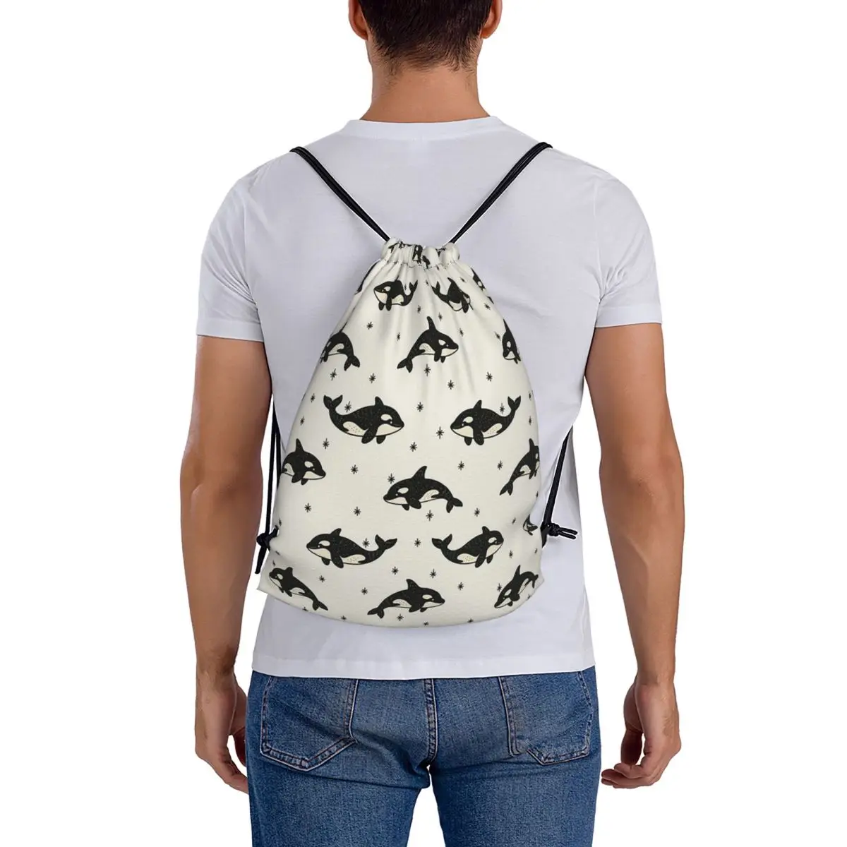 Killer Whale Orca Pattern Backpacks Portable Drawstring Bags Sports Bag Book Bags for Travel School