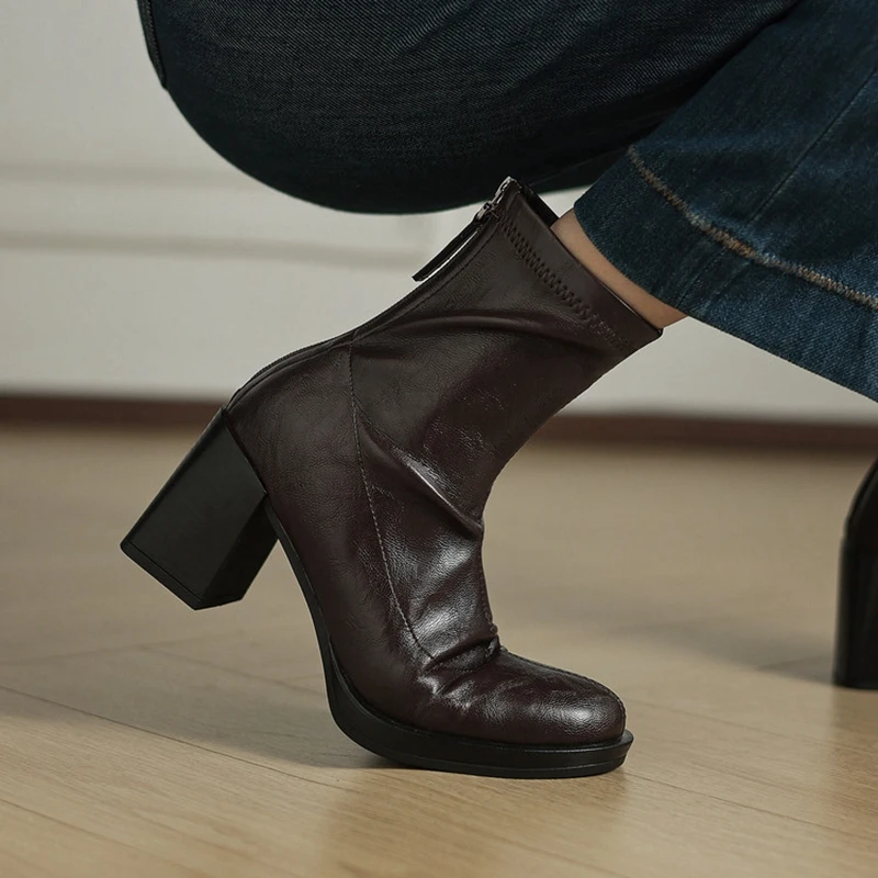 

Women's new autumn and winter round toe and calf high-heeled zipper elastic boots, slim boots, simple retro short boots