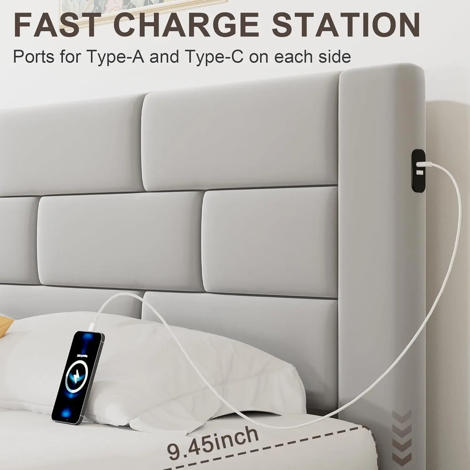 Vecelo King Upholstered Bed Frame With 5 Storage Drawers, With Type A & C Usb Charging Station And Velvet Headboard, No Box