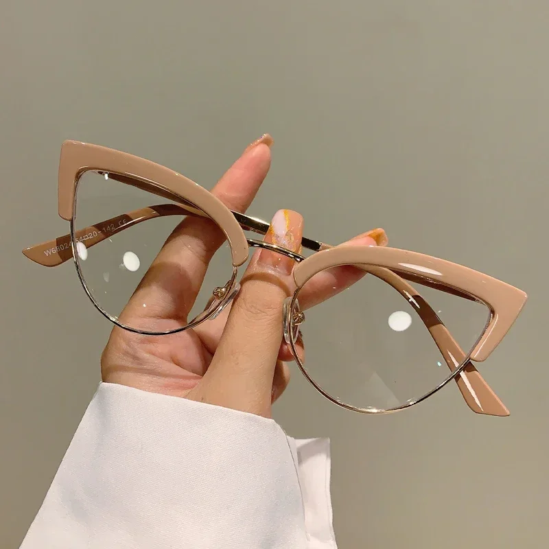 2024 Vintage Cat Eye Glasses Frame New Stylish Semi Metal Rim Women Eyewear Trendy Brand Design Non-prescription Eyeglasses