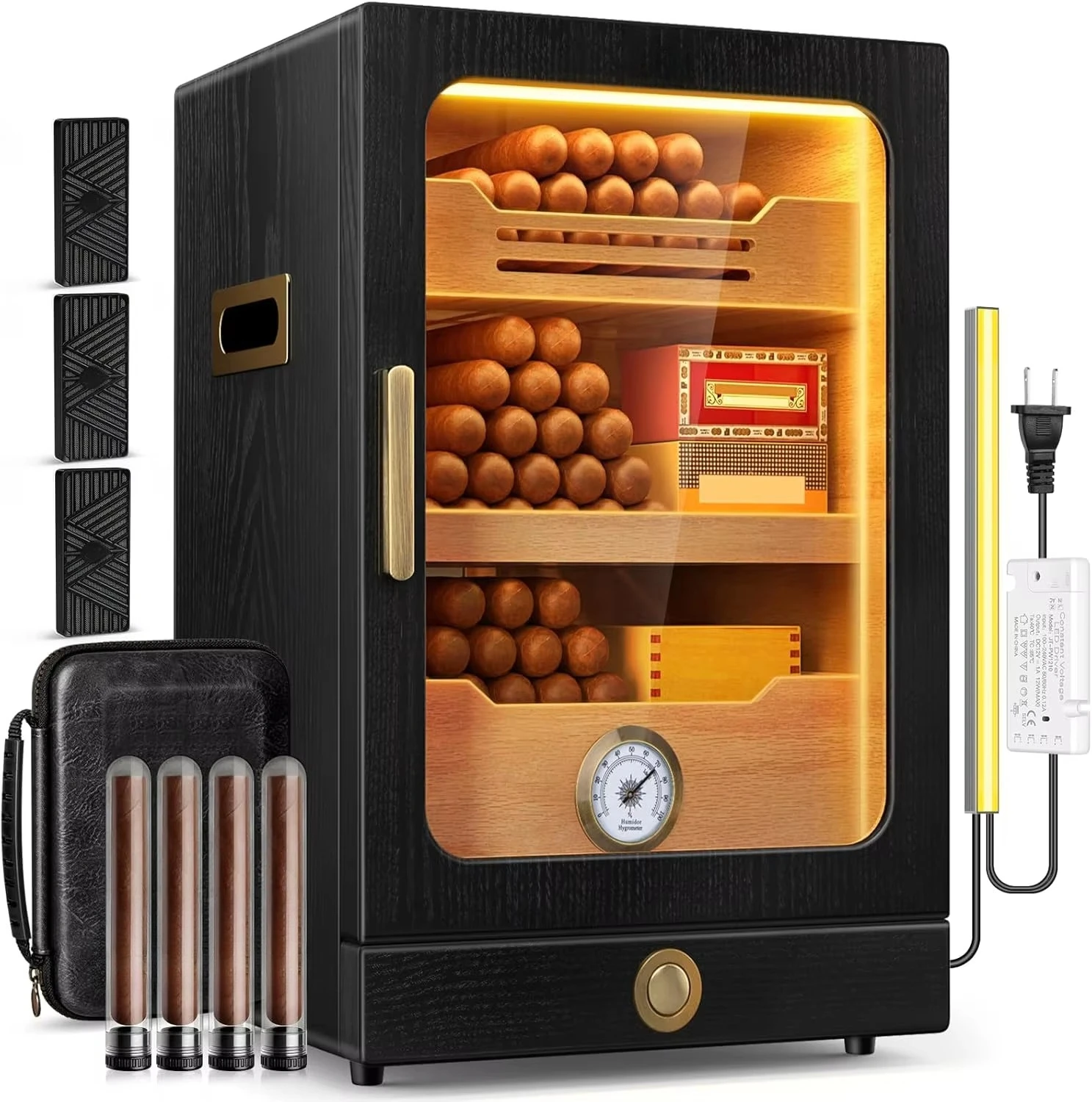 Light Control, Cedar Wood Shelves, Hygrometer, Humidifiers, Desktop Cigar Humidor Cabinet, Cigar Accessories Drawer