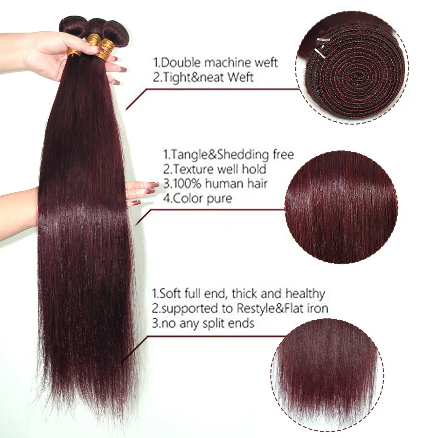 Pacotes de cabelo humano retos Borgonha para mulheres negras, pacotes de cabelo remy colorido, 1 3 4 pacotes, 99j