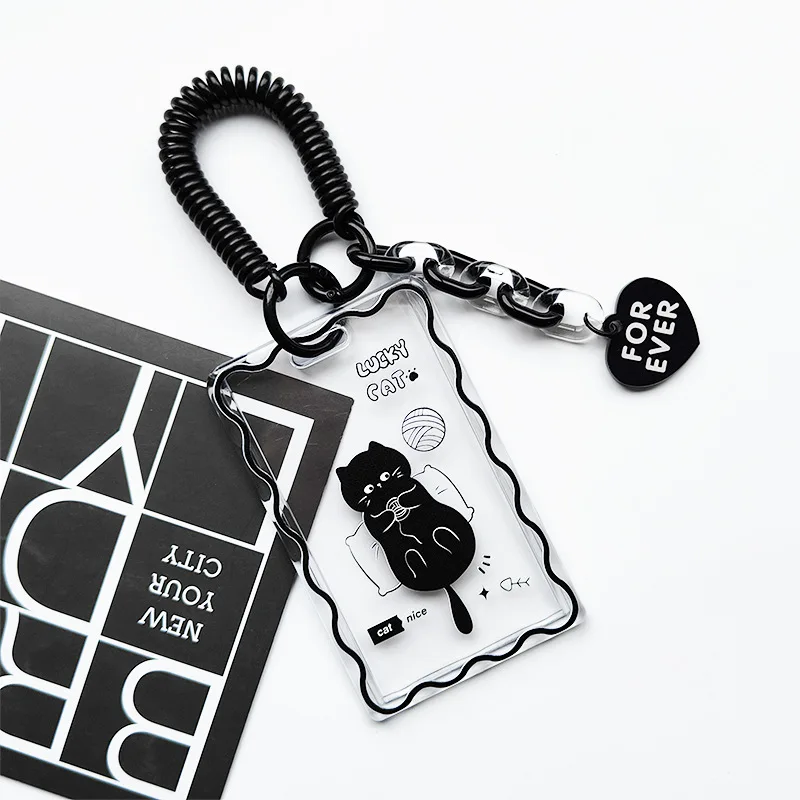 Kpop Photocard Holder Keychain Cartoon Little Black Cat Transparent Card Cover Student Bus Rice Card Photo Protector Sleeves