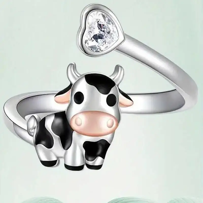 Huitan Tier-Frauen-Öffnungsring, Kuh-Design, süße Party, tägliche Finger-Accessoires, eingelegtes glänzendes Herz, CZ, vielseitiger süßer Schmuck
