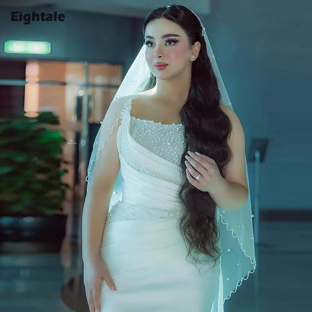 

Eightale Arabic Wedding Dresses Beaded with Pearls Customized Satin White Ivory Mermaid Bridal Gowns Vestidos De Novia