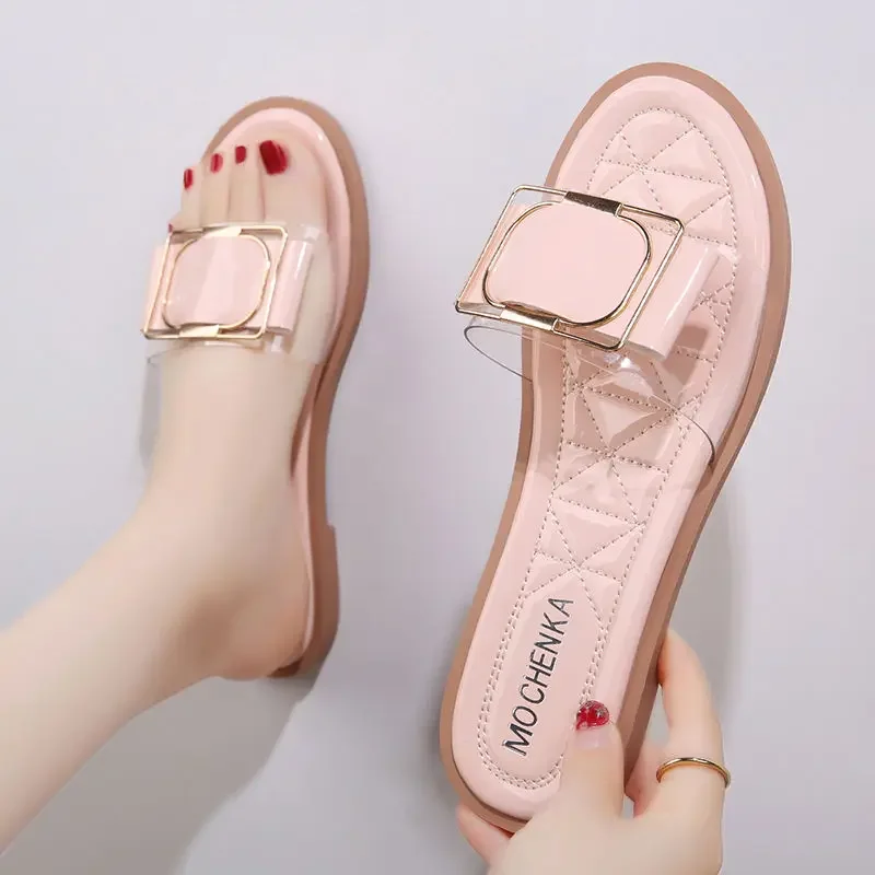 Sandal slide rumah datar ujung terbuka, sepatu sandal wanita untuk dalam ruangan rumah mudah dipakai tahan air Pvc