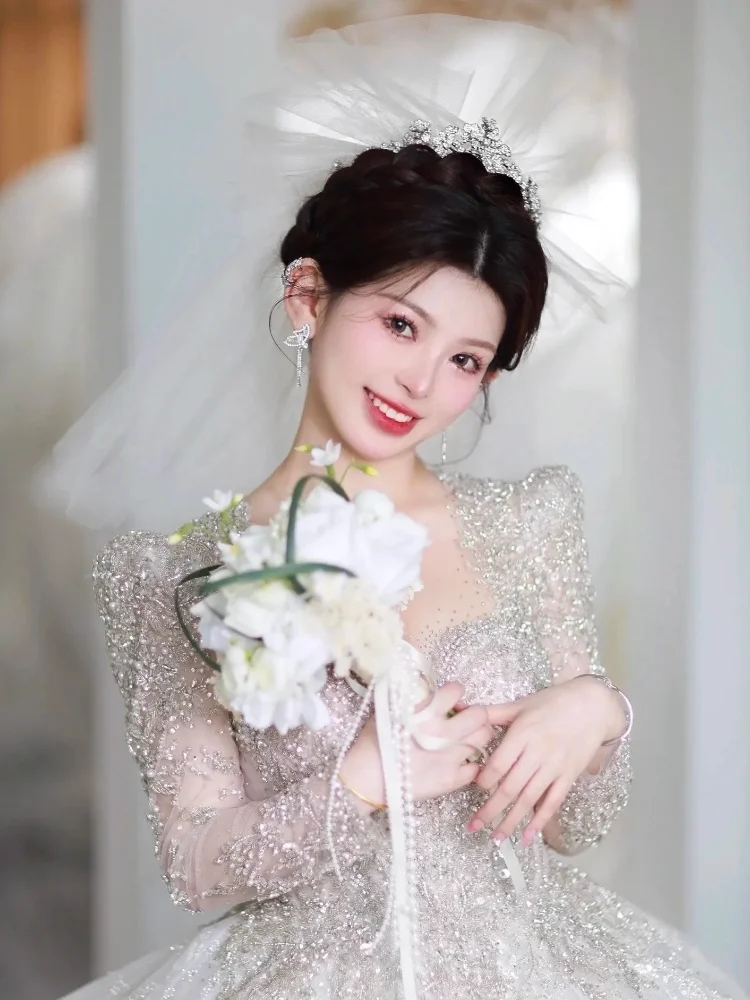 Premium French Bride Crystal Crown Temperament Simple Double Layer Hair Accessories Rhinestone Wedding Dress Dress Crown