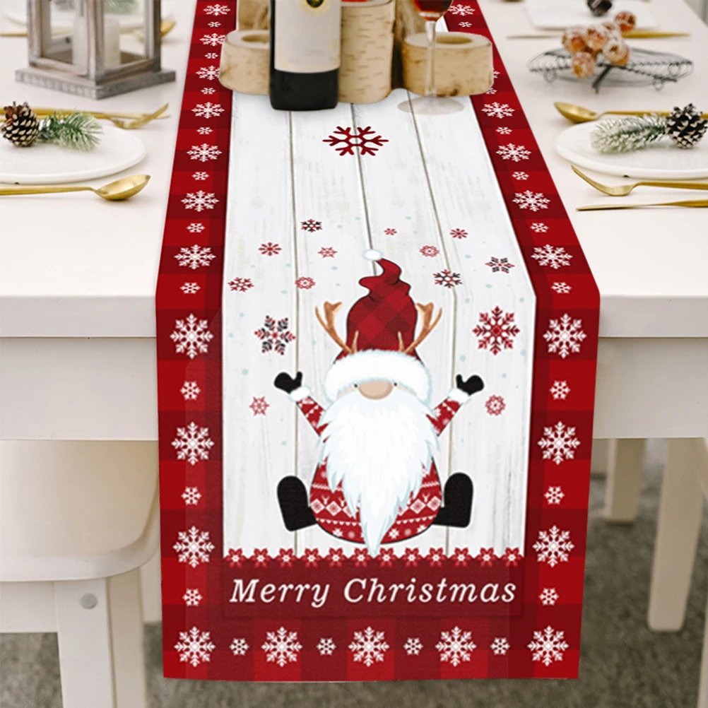 Kersttafelkleed met kaboutertjes, gestreept, van katoen en linnen, kerstdecoratie voor de eettafel en salontafel.