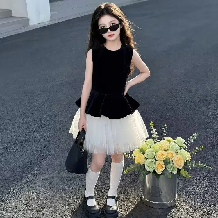 2026 French summer kid baby party princess Girls mesh LACE Teenager vest Patchwork slip dress tutu SKIRT 4 7 8 10 12 14 Years