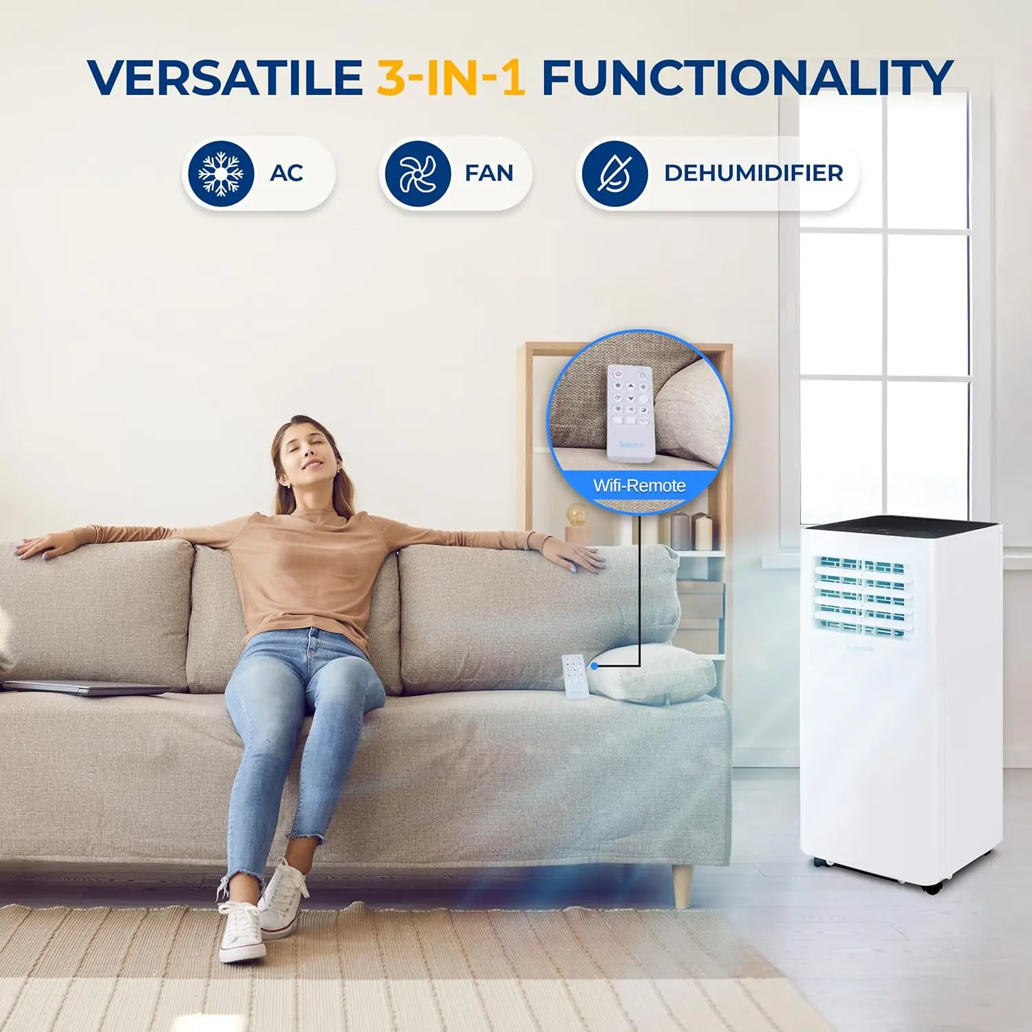 Small Air Portable 10,000 BTU with Built-in Dehumidifier - Portable AC unit for rooms up to 450 sq ft - WiFi app + Remote Contro