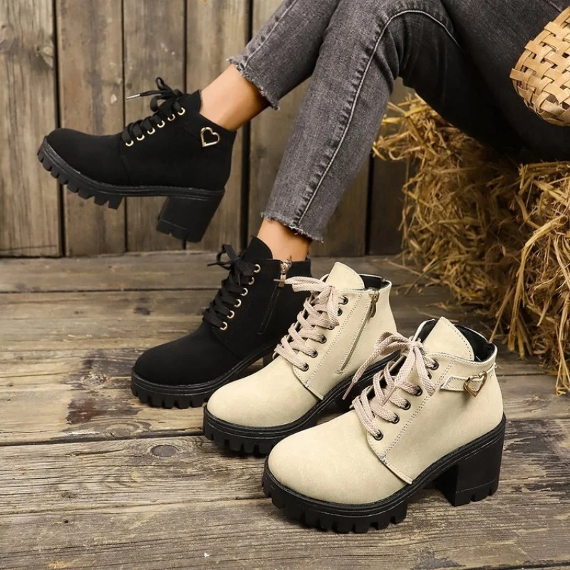 

Chunky Heels Snow Ankle Boots for Women High Quality Lace-Up Winter Pu Leather Chelsea Boots 2024 Trend Solid Large Size Booties