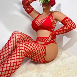 Mesh Erotic Set fishnet Top with Pantyhose Glove Suit Women's Lingerie Fishnet Party ClubWear Charming Sleepwear Women Bodysuits