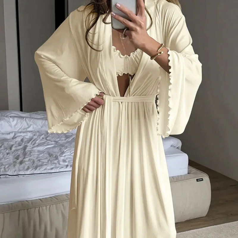 Soft Drape Fabric Women's 3 Piece Pajama Set Ruffle Trim Cami Top Shorts With Belted Robe Sleepwear Loungewear Gift 2026