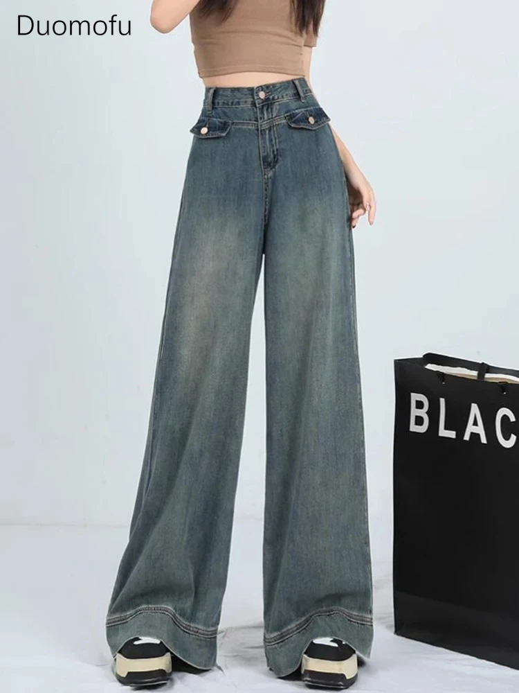 Duomofu-Jeans Baggy Casual Reto para Mulheres, Comprimento Total, Vintage, Simples, Zíper, Botão, Fino, Cintura Alta, Moda Feminina, Verão