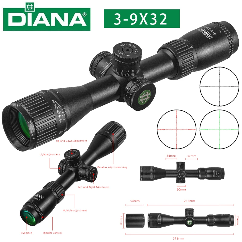 

DIANA 3-9X32 AOE Rifle Scope with Red Green Illuminated Cross Hunting Tactical Optical Scope Range Air Gun Pocket Mirror Sight