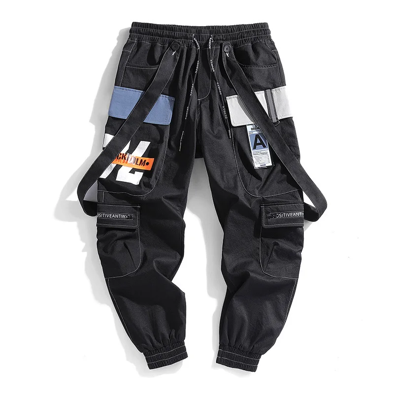 Men's Cargo Joggers Pants Streetwear Hip Hop Harem Trousers Multiple Pockets Loose Ribbon Sweatpants Overalls Male