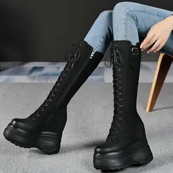 Inverno Plus Size scarpe donna stringate con zeppa in vera pelle stivali da neve con tacco alto décolleté con plateau alto femminile scarpe di grandi dimensioni