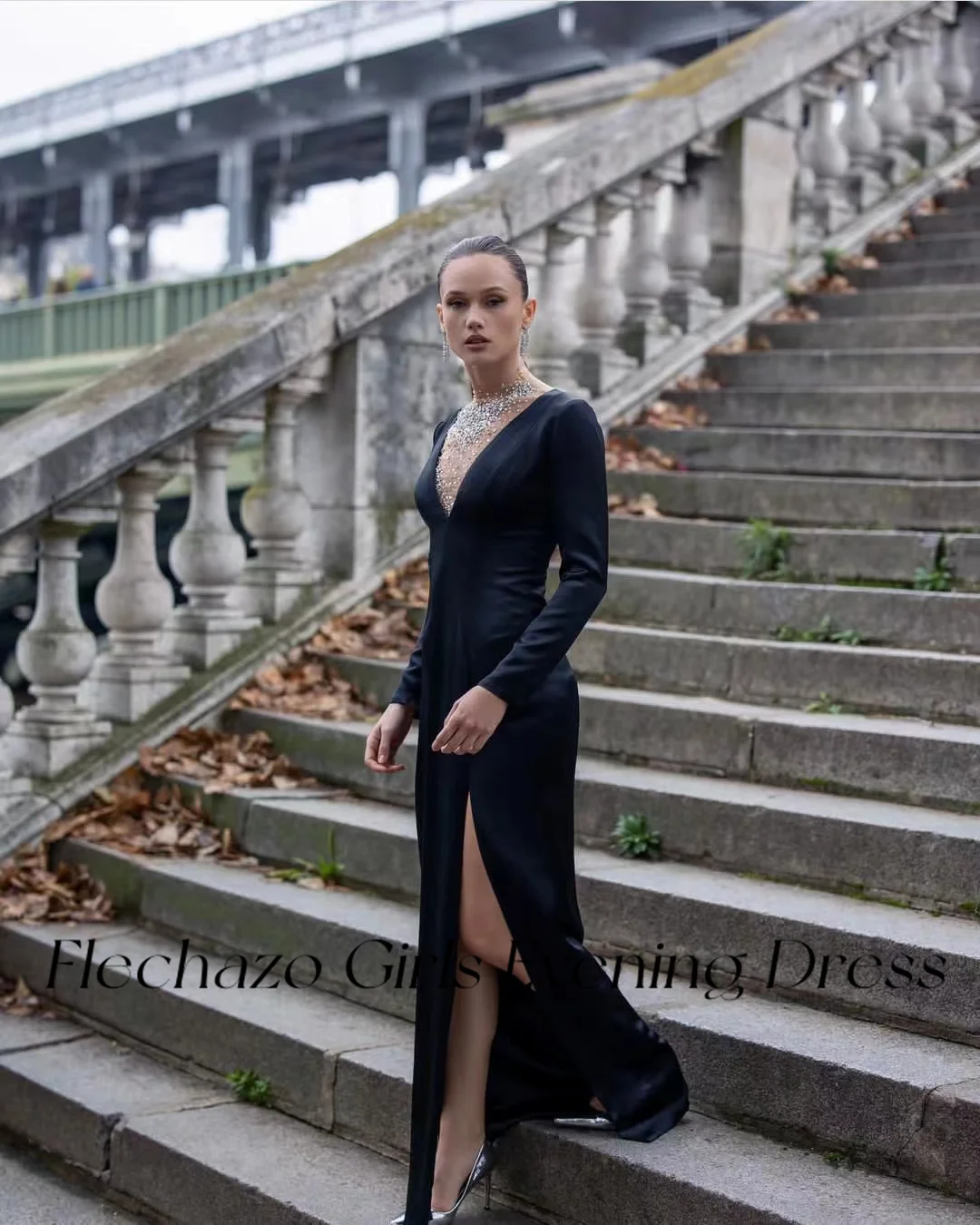 فساتين سهرة سوداء للنساء ، خرزات برقبة عالية ، أكمام كاملة كريستالية ، فستان حفلات مثير بفتحة #2