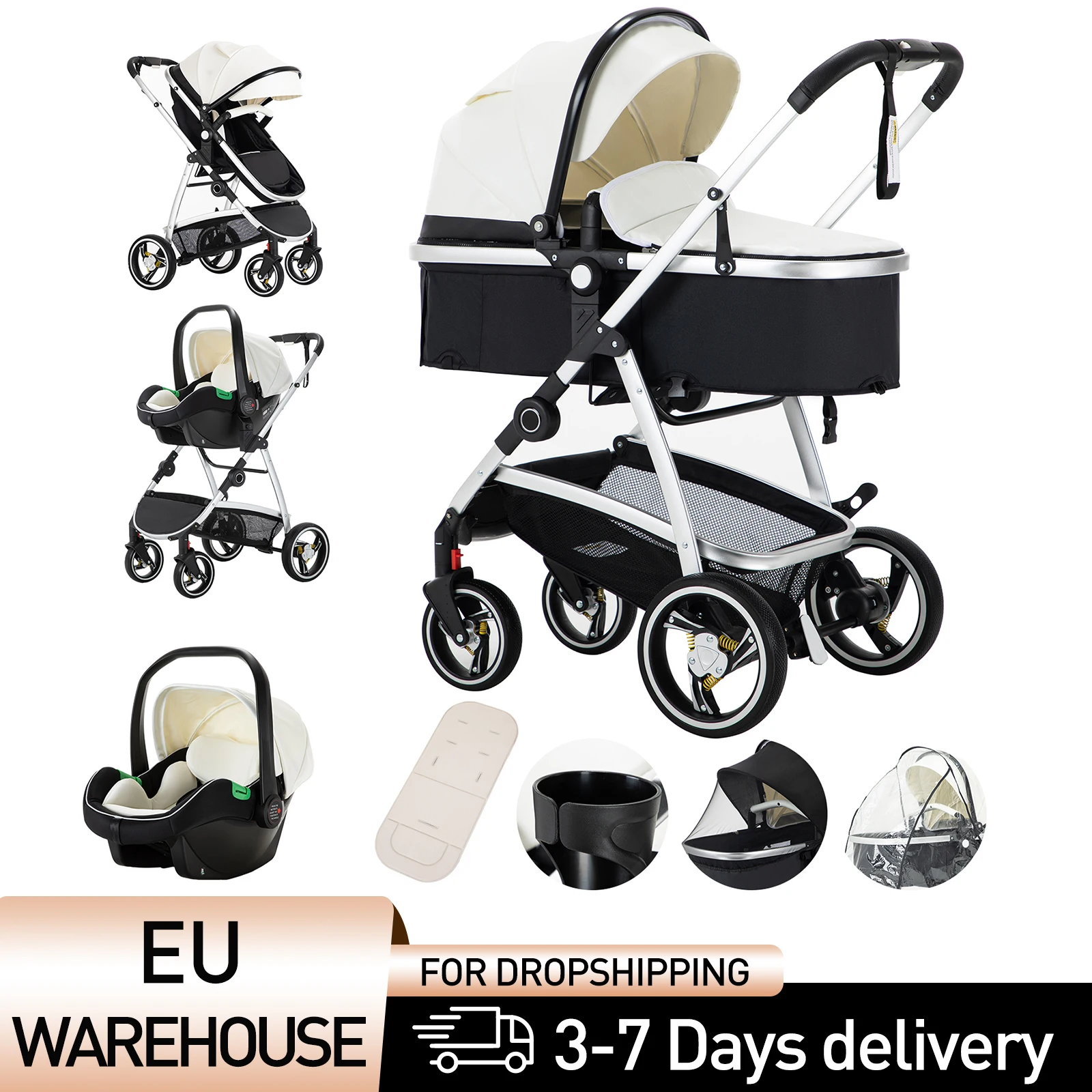 Poussette 3 en 1 pour bébé, poussette de voyage portable et luxueuse, poussette haute pour nouveau-né avec porte-bébé en cuir PU