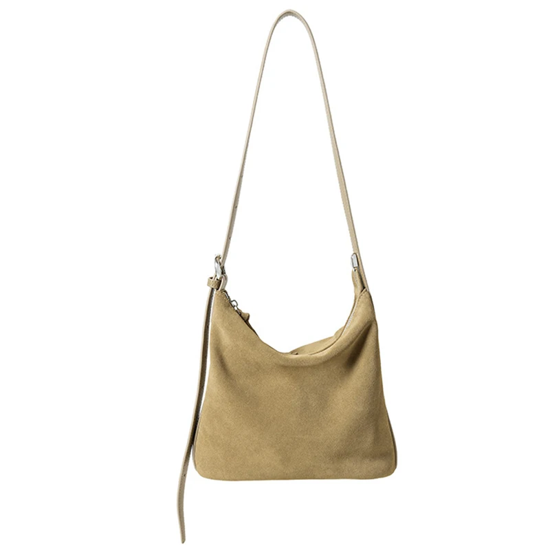 

Замшевая женская сумка на плечо, новинка 2025, нишевый дизайн, матовая воловья кожа, большая вместительная винтажная сумка-ведро, модная женская сумка через плечо