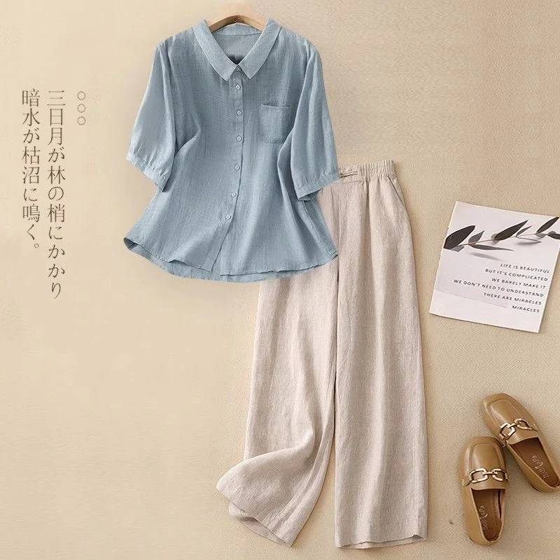 

Casual Summer Two Piece Sets Cotton Ramie Women's Set Turn Down Collar Half Sleeve Blouses Wide Legs Pants Suit