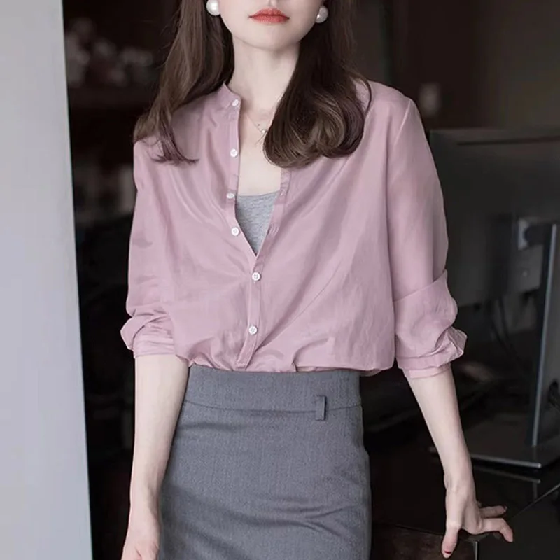 

Винтажные однобортные женские розовые блузки с воротником-стойкой и длинным рукавом, повседневные офисные свободные рубашки, женские рубашки 202, новинка весны и осени