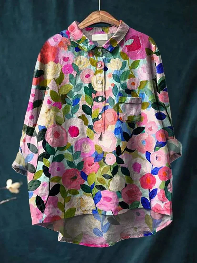 Fall Women's Shirt Casual Vintage Floral Art long sleeve pocket shirt Hawaiian style printed V-neck top for women