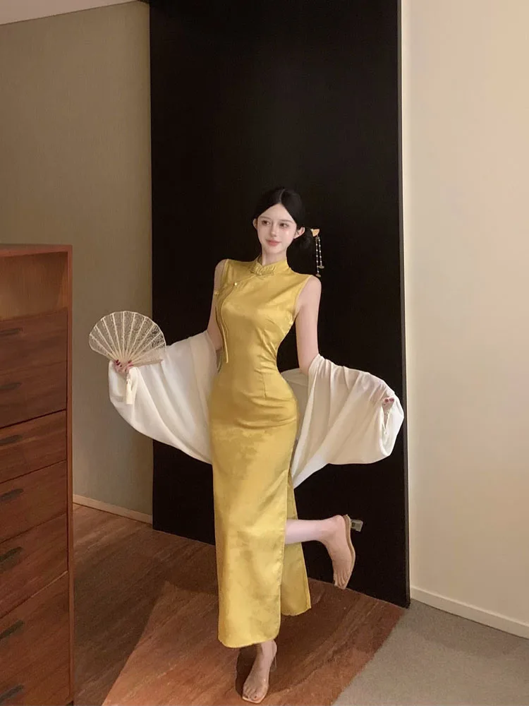 ReddaChic Women's Qipao Dress with Split Tank Jacquard Sleeveless Slit Mandarin Collar Cheongsam Chinese Style Formal Clothes