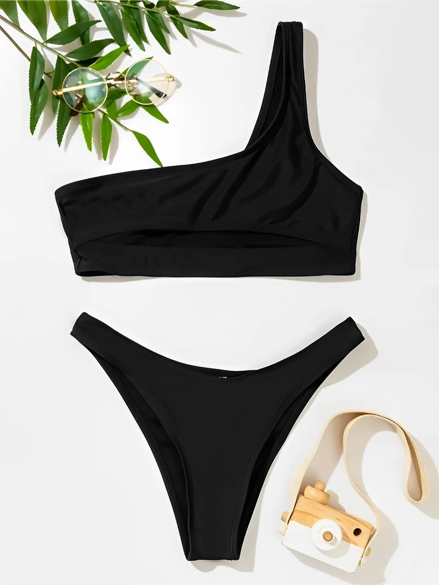 2025 One Shoulder Hollow Out Two Piece Bikini Swimsuit Women Swimwear Female Bathers Bathing Swimming Swim Suit Beachwear