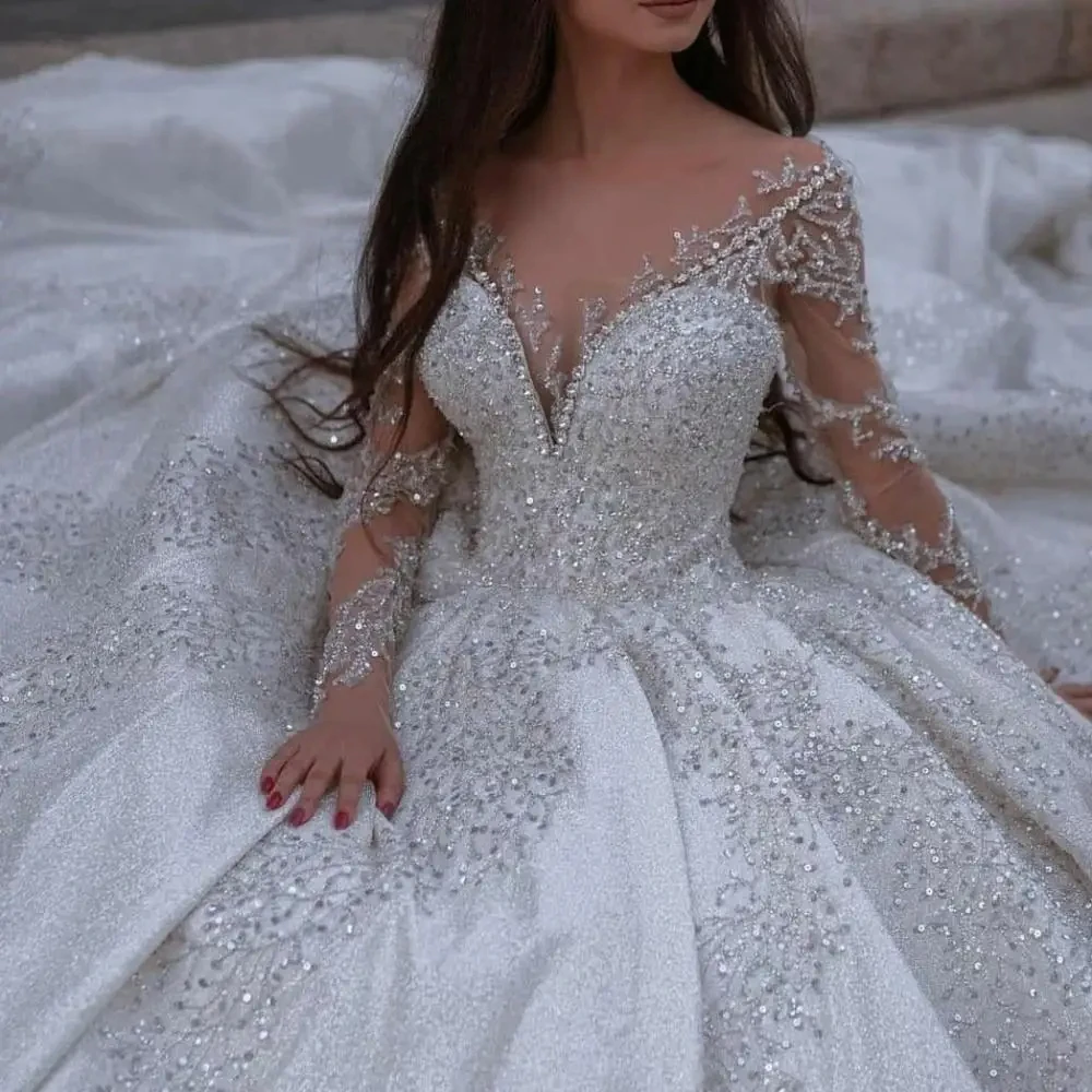 

A-line Crystal Wedding Dress V-neck Lace Long Sleeve Wedding Dress Elegant Bridal Wedding Dress Prom Performance Dress