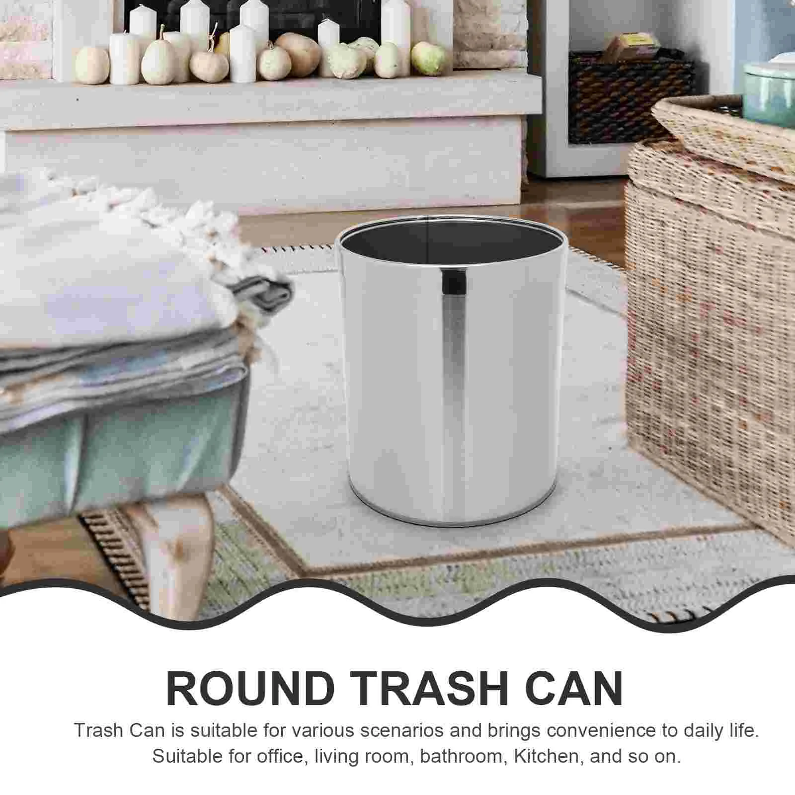 Office Trash Can Bathroom Wastebasket Stainless Steel Round Bins Kitchen Garbage Single Layer Silver Bedroom Trashcan