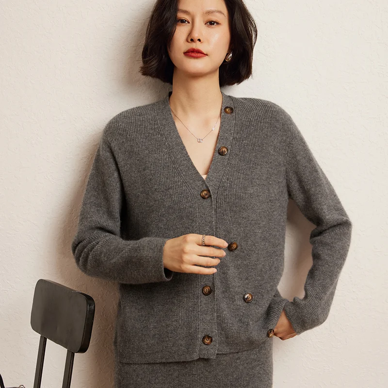 Autumn Knitted V-neck Long Sleeve Women\'s Grey Cardigans Winter 100% Cashmere Keep Warm Sweater Coat Fashion Solid Casual Tops