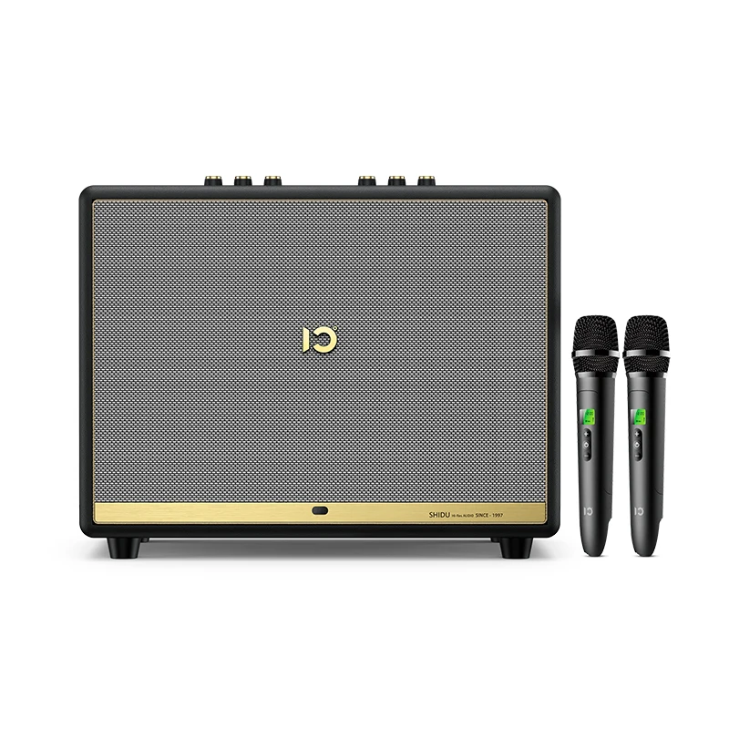 

Big PowerProfessional Stereo Bass Karaoke Speaker With 2 Wireless Mic Leather Wooden Home Party Speaker Audio Sound System