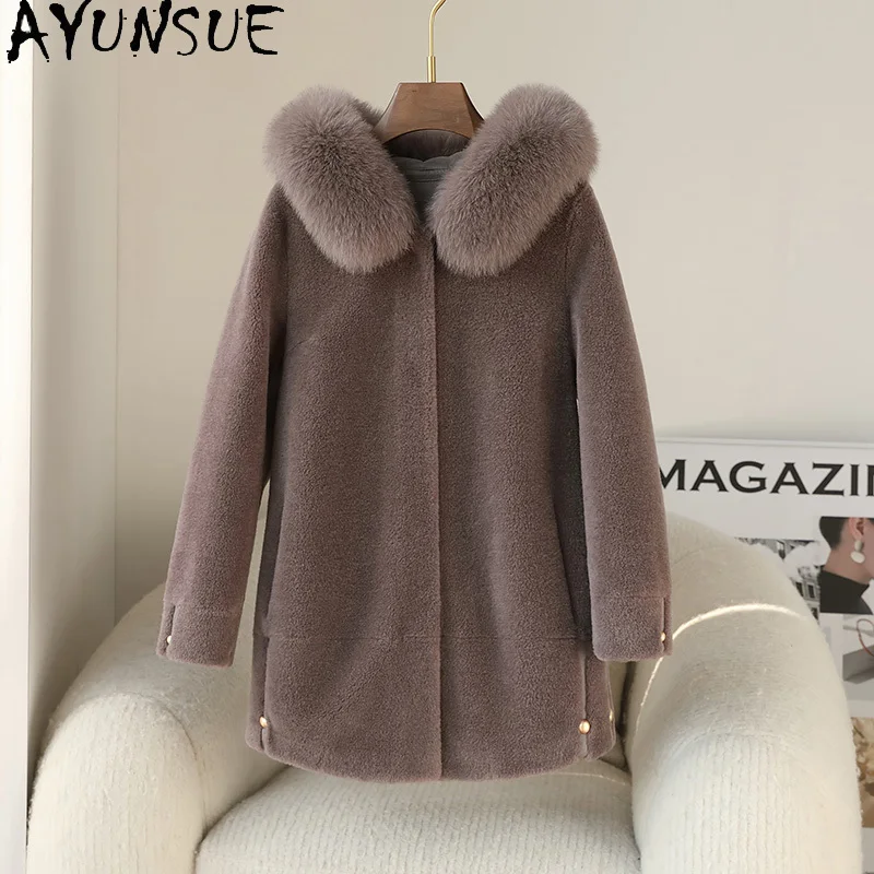 AYUNSUE 100%ウールコート レディース 2025年冬服 フォックスファー襟 羊毛コート 女性用複合毛皮コート パルト ジェンソーレ フーディー