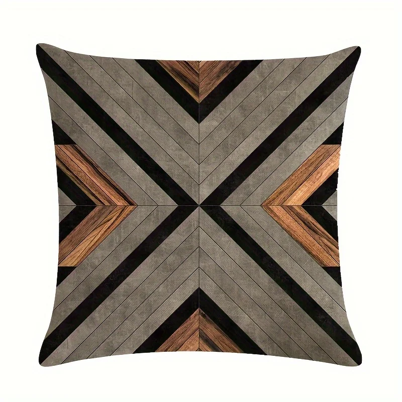 4pcs Retro Grey & Gold Geometric Linen Blend Pillow Covers, Ethnic Style, Sofa & Bedroom Decor, Single-Sided Print, (No Insert)