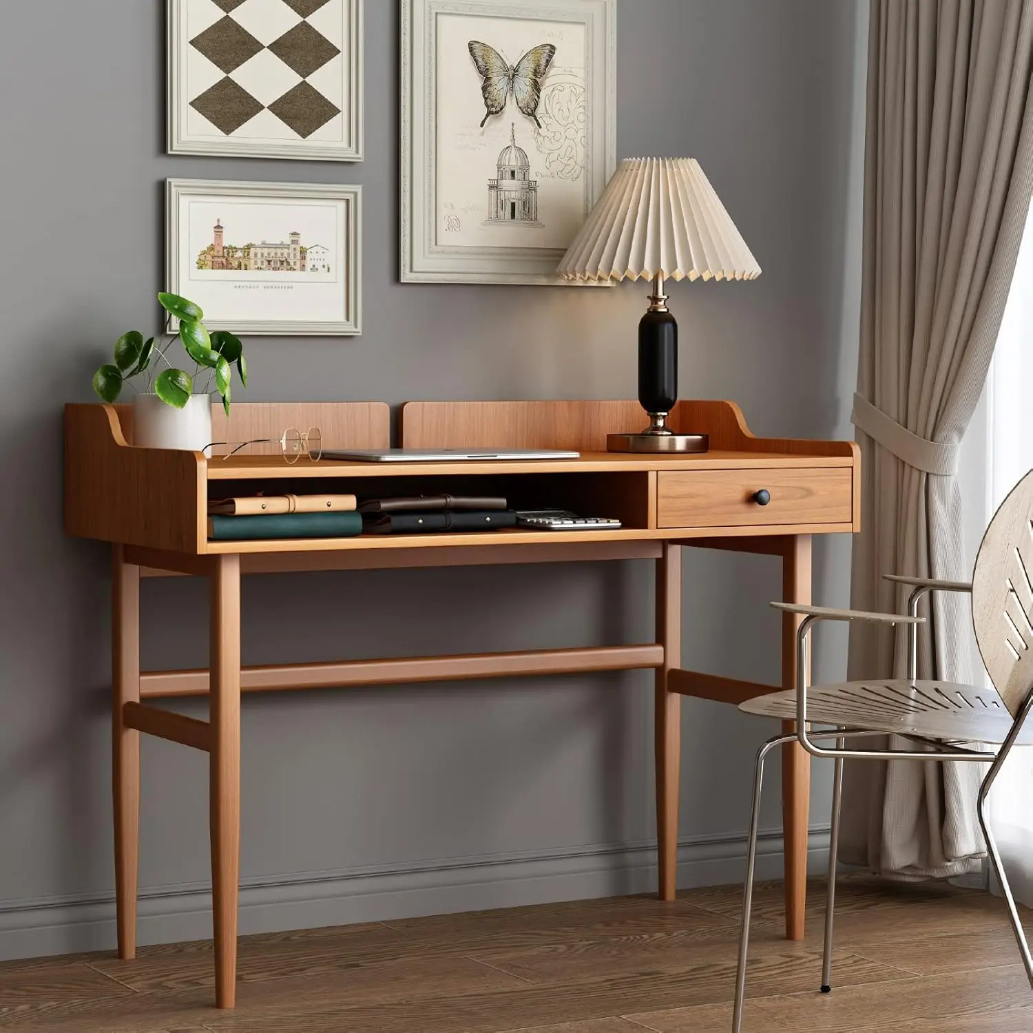 

Retro style desk, computer or laptop desk, writing desk with drawers and open storage, small space dresser.