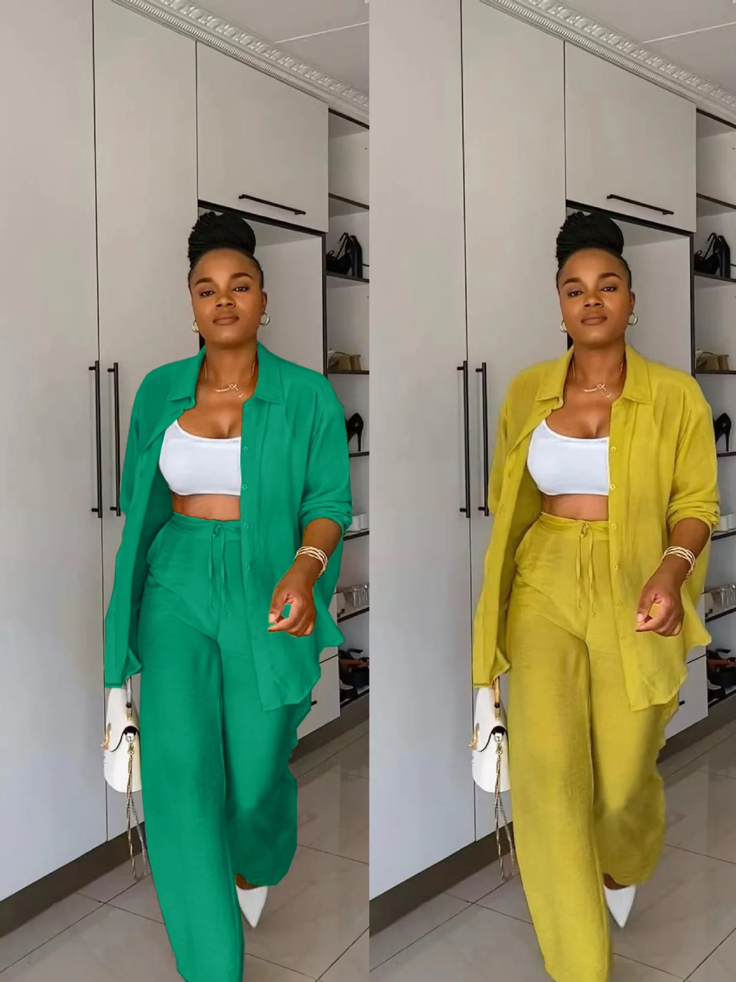 

Y6020 Европейская и американская женская мода 2025 года, новая осенне-весенняя рубашка с длинными рукавами для отдыха, прямые брюки, комплект из двух предметов