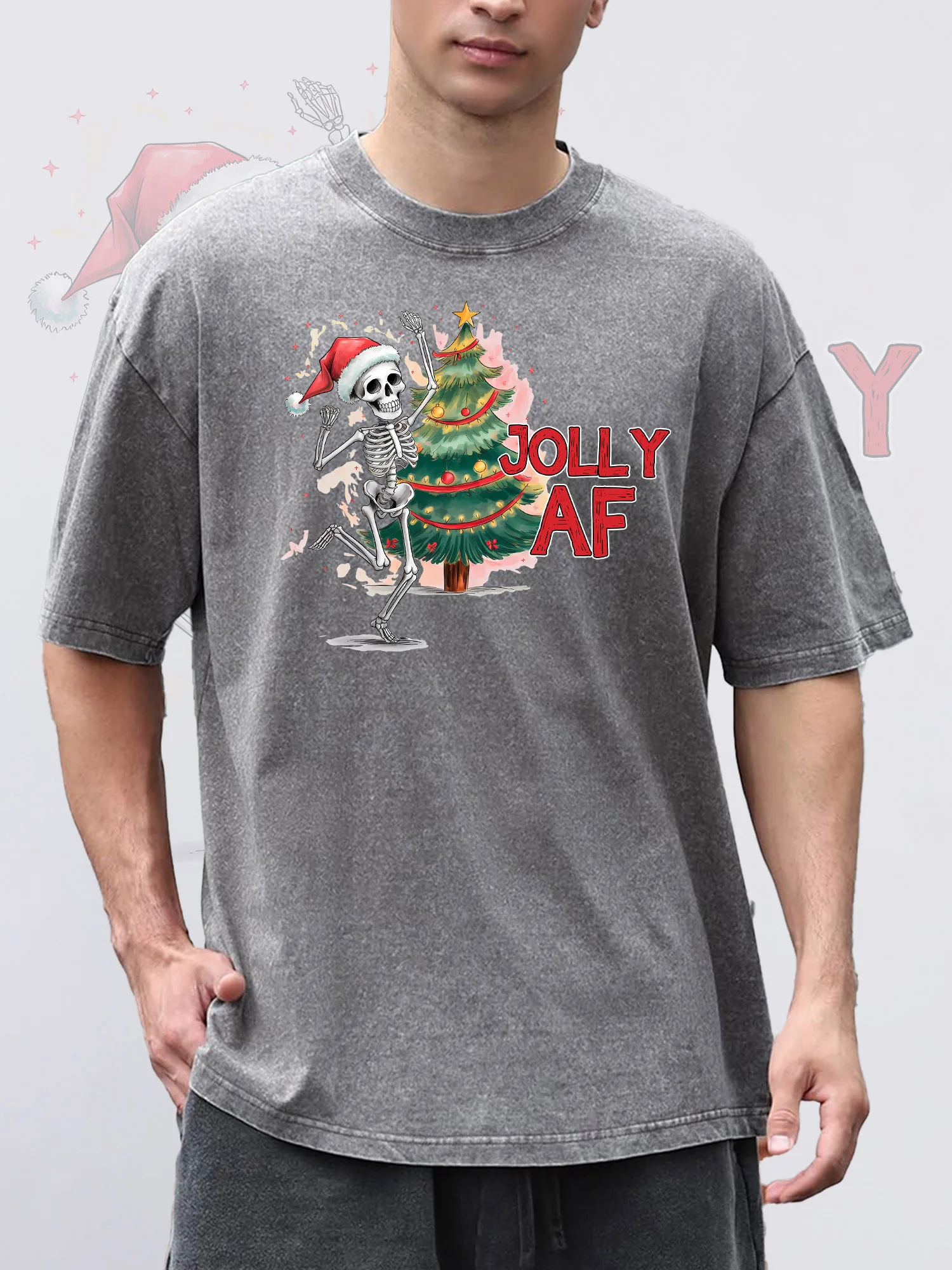 

Men's T-Shirts JOLLY AF Printed Grey Short-Sleeve Crew Neck Loose Summer 100% Cotton Acid Washed Christmas Theme T-Shirt