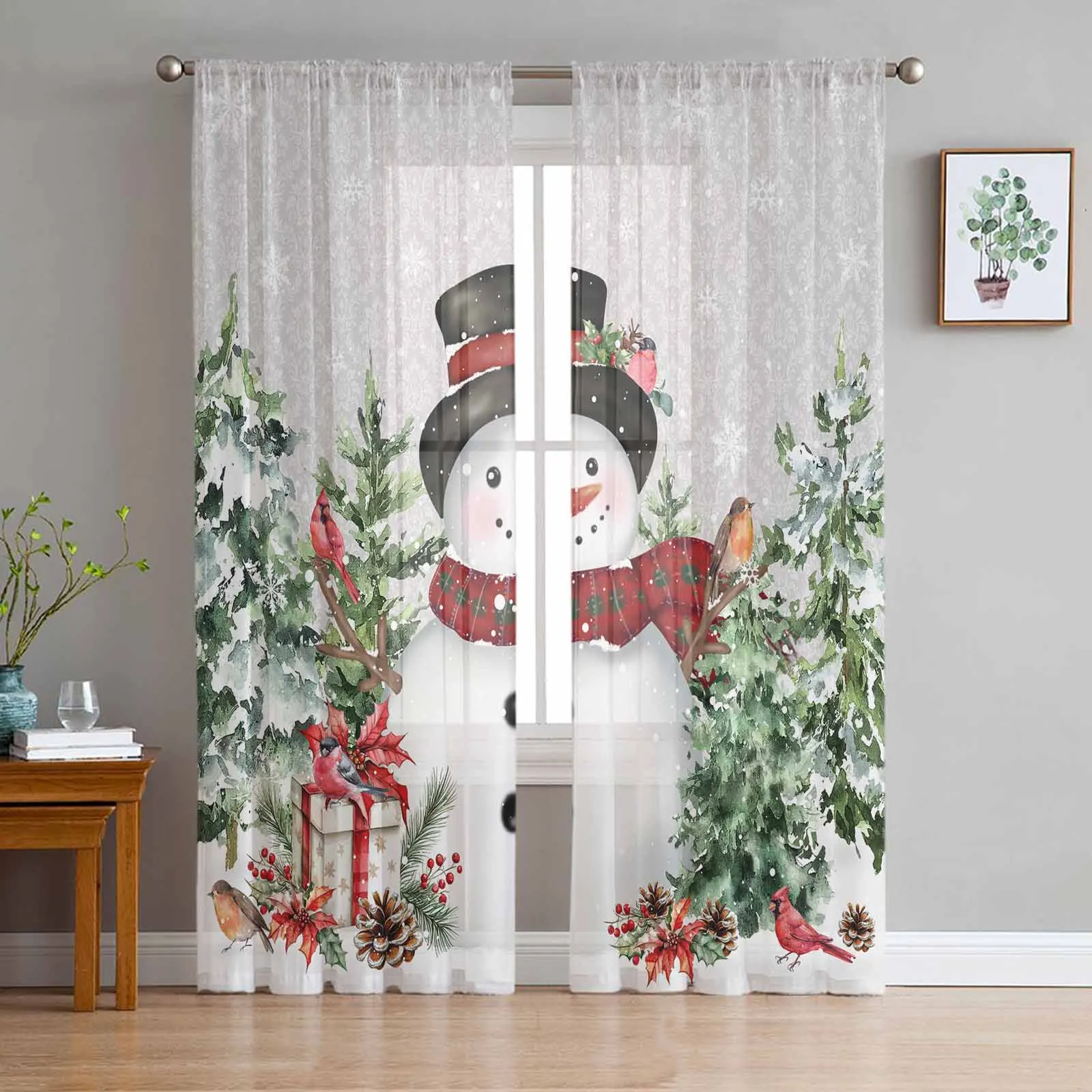 Christmas Snow Robin Snowman Window Tulle Curtains for Living Room Kitchen Christmas Home Decor Sheer Voile Curtains