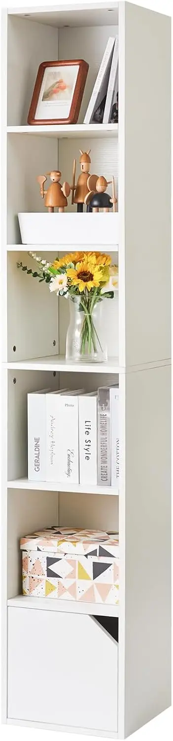

6-уровневый узкий книжный шкаф с дверцами, тонкий шкаф для хранения медиафонов для небольших помещений, белые полки для домашнего офиса