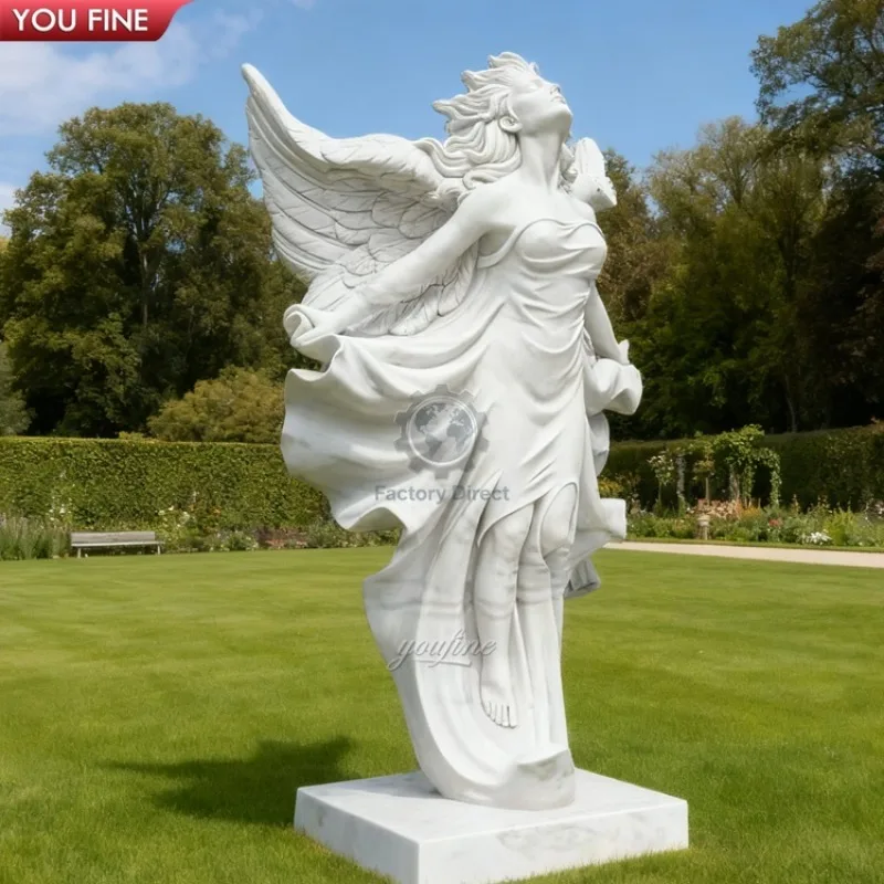 

YOUFINE Custom Outdoor Square Lawn Decor Hand Carved Natural Stone Garden Marble Flying Angel Statues Wholesale