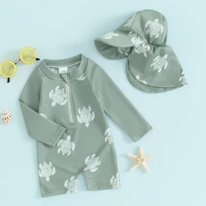 Long -sleeved zipper facts for children with floral and tropical print with hat, children's swimwear, summer, girls, boys 6 Main Bikini Children's Sales - №2