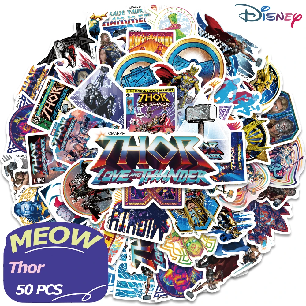 50PCS Disney Thor Superhero Marvel Stickers Avenger Skateboard Guitar Laptop Luggage Cartoon Waterproof Sticker Kid Toys