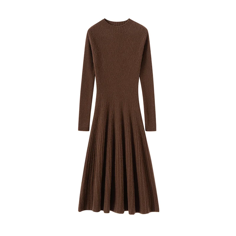 High-end New 100% Pure Cashmere Sweater Long Dress Women Long Sleeve Knitted Dresses High Elastic Female Solid Color Fashion  Pu