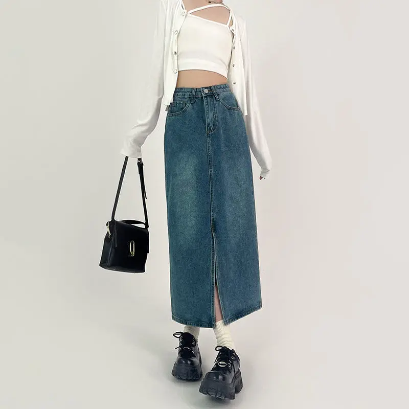 Slit A-line Denim Skirt for Women Spring Autumn High-waisted Jeans Skirt Light Blue Casual Vintage Y2k Fashion Clothing