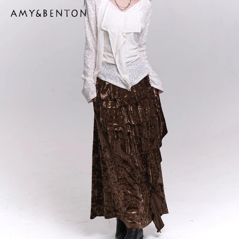 

Punk Design Black Velvet Women's Clothing 2025 Autumn Winter New Sweet Cool Sexy Hot Girl Versatile Irregular Long Skirts Ladies