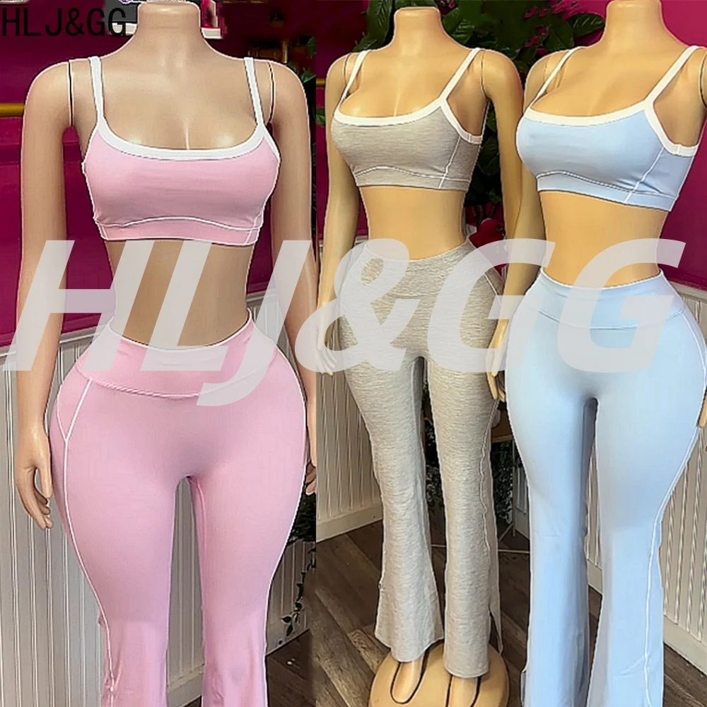HLJ&GG High Quality Splicing Casual Sporty 2 Piece Sets Women Sleeveless Crop Top+Flare Pants Outfit Fashion Stretchy Tracksuits
