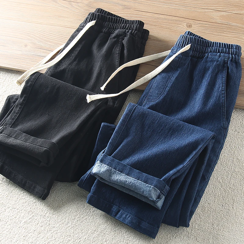 

Свободные мужские джинсы с эластичной резинкой на талии, весенне-осенние новые японские простые эластичные повседневные мужские брюки, молодежный тренд