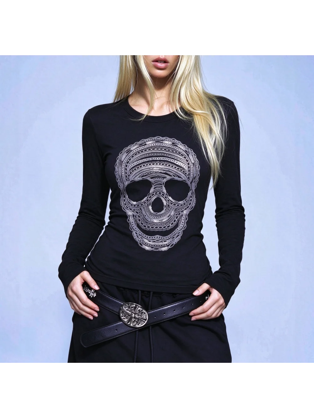 New autumn and winter retro punk silver chain skeleton pattern long sleeved top, dark wasteland gothic spicy girl street trend